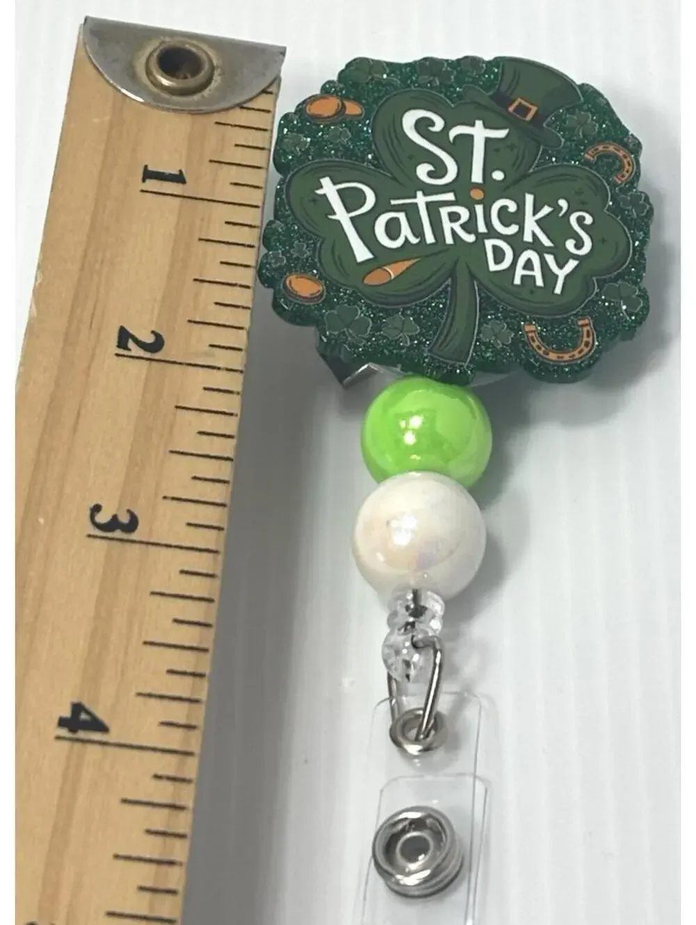 St. Patrick's Day Badge Reel - Retractable ID Holder -Green Shamrocks Beaded NEW